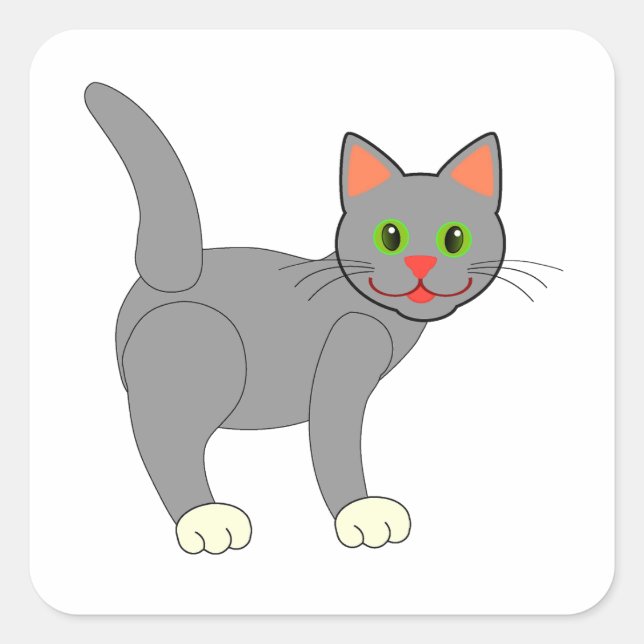 Smiling Grey Cat With Whiskers Square Sticker (Front)