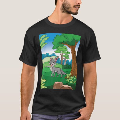 Smiling Grey Wolf Running Thru The Forest With Blu T_Shirt