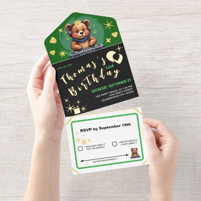 Smiling Grizzly Bear DJ, Music Jungle / Birthday All In One Invitation (Tearaway)