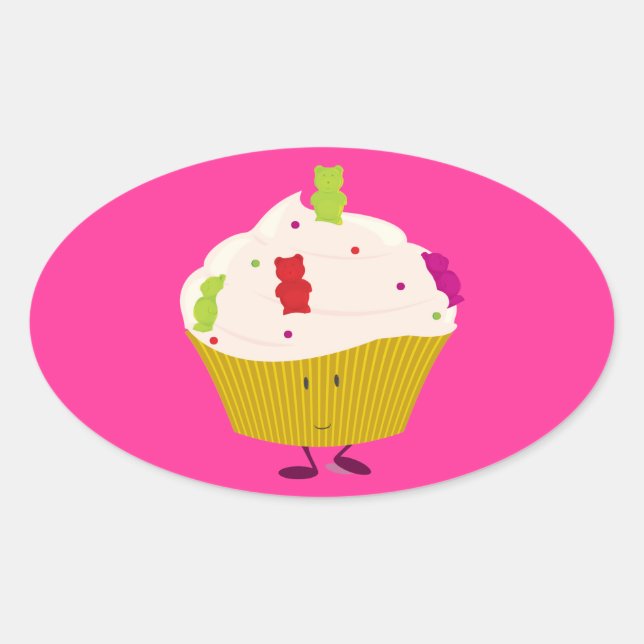 Smiling gummy bear cupcake oval sticker (Front)