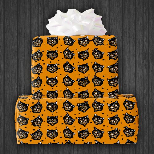 Smiling Halloween black Cat Face Orange Stars Wrapping Paper