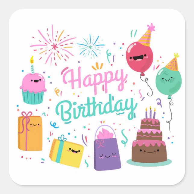 Smiling Happy Birthday Square Sticker | Zazzle