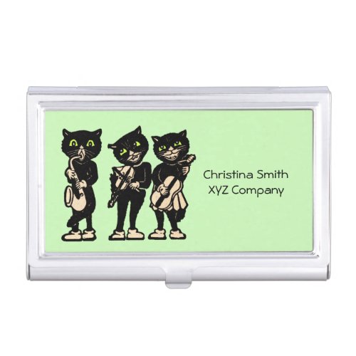 Smiling Happy Black Cat Musicians playing Music Business Card Holder