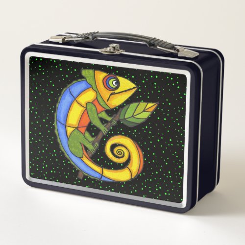 Smiling Happy Colorful Lizard on Twig Polka Dots Metal Lunch Box