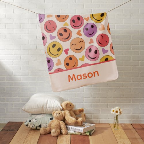 Smiling Happy faces with hearts  custom name  Baby Blanket