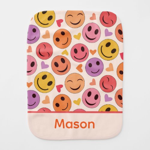 Smiling Happy faces with hearts  custom name   Baby Burp Cloth