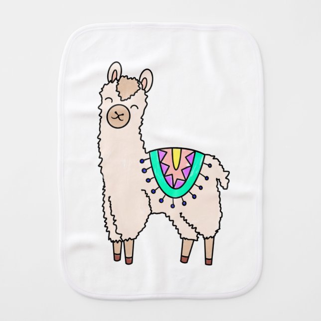 smiling happy llama alpaca cartoon animal drawing  baby burp cloth (Front)