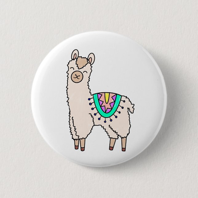 smiling happy llama alpaca cartoon animal drawing  button (Front)
