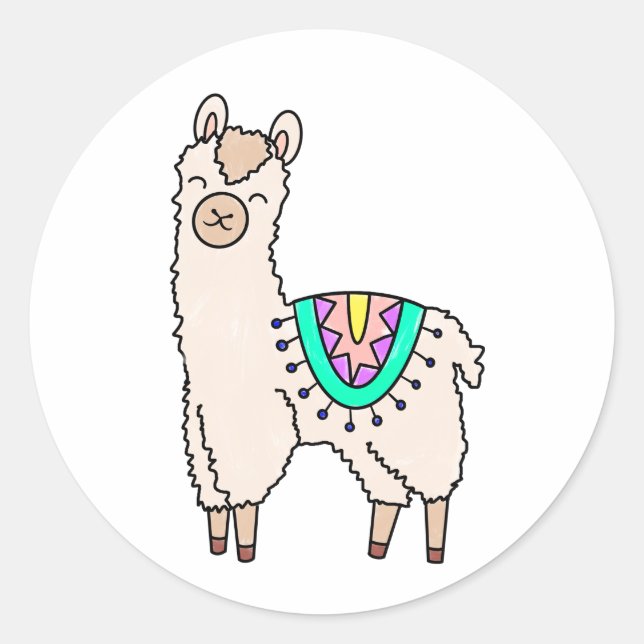 smiling happy llama alpaca cartoon animal drawing  classic round sticker (Front)
