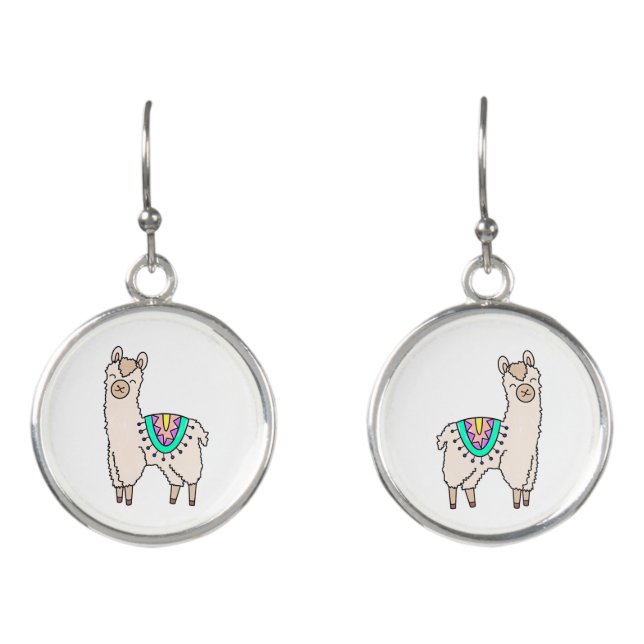 smiling happy llama alpaca cartoon animal drawing  earrings (Front)