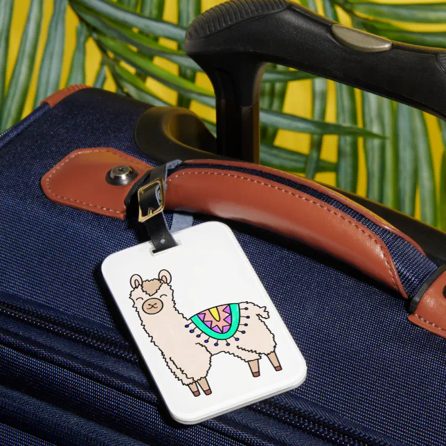 smiling happy llama alpaca cartoon animal drawing  luggage tag (Front Insitu 1)