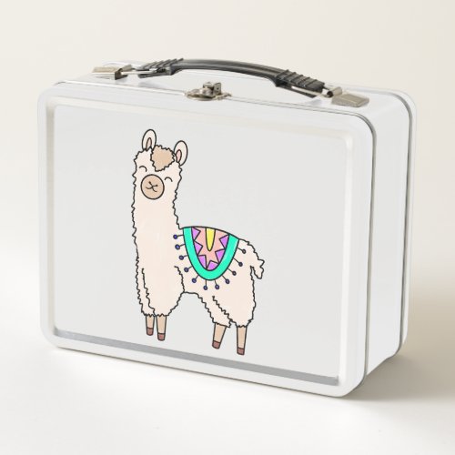 smiling happy llama alpaca cartoon animal drawing  metal lunch box