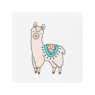 smiling happy llama alpaca cartoon animal drawing  metal print