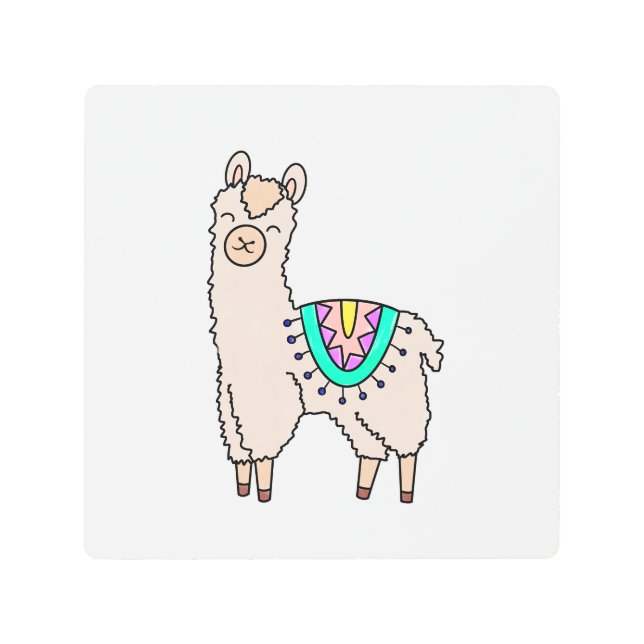smiling happy llama alpaca cartoon animal drawing  metal print (Front)