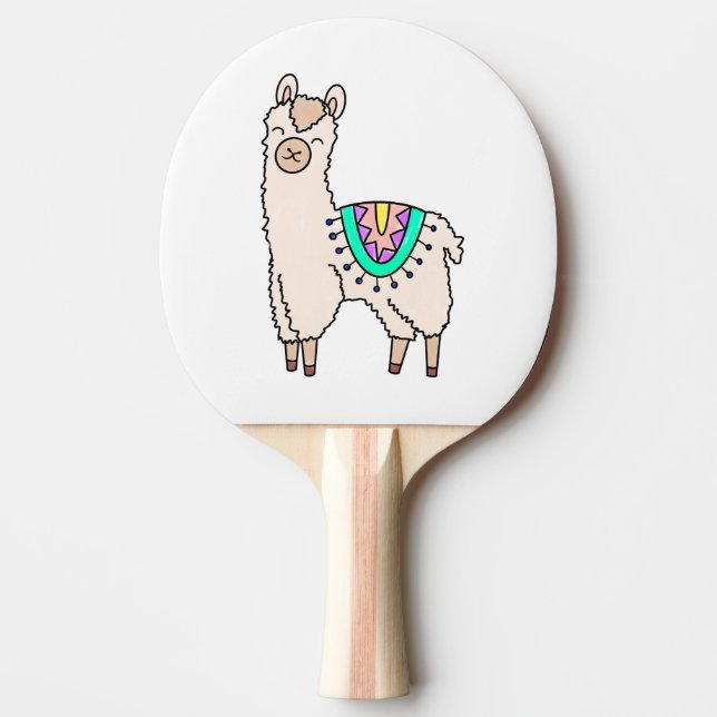 smiling happy llama alpaca cartoon animal drawing  ping pong paddle (Front)