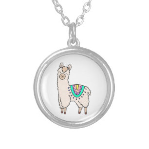 smiling happy llama alpaca cartoon animal drawing silver plated necklace