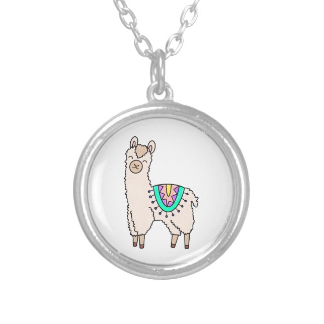 smiling happy llama alpaca cartoon animal drawing  silver plated necklace (Front)