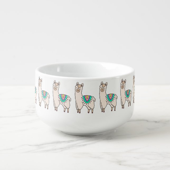 smiling happy llama alpaca cartoon animal drawing  soup mug (Front)