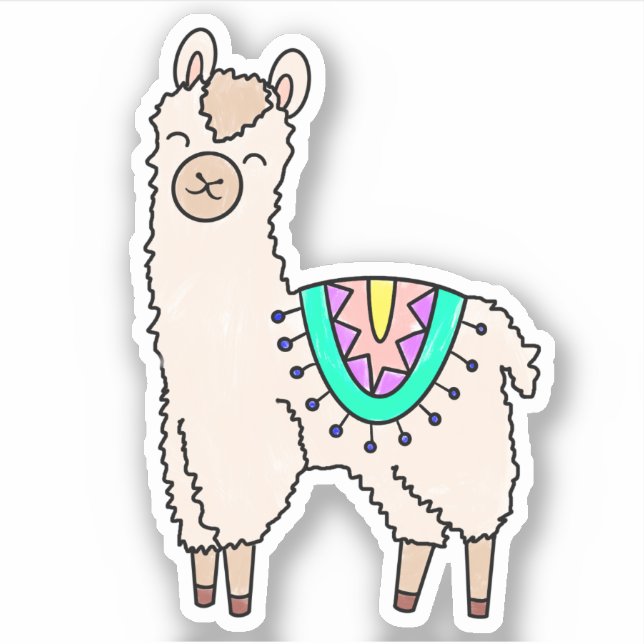 smiling happy llama alpaca cartoon animal drawing  sticker (Front)