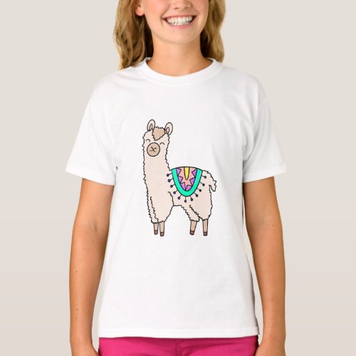 smiling happy llama alpaca cartoon animal drawing  T_Shirt