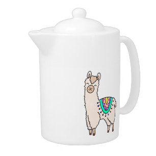 smiling happy llama alpaca cartoon animal drawing teapot