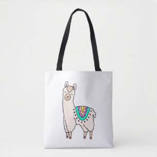 smiling happy llama alpaca cartoon animal drawing tote bag