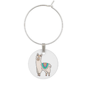 smiling happy llama alpaca cartoon animal drawing  wine charm