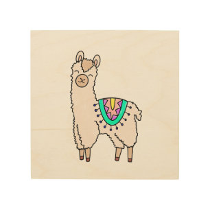 smiling happy llama alpaca cartoon animal drawing wood wall art