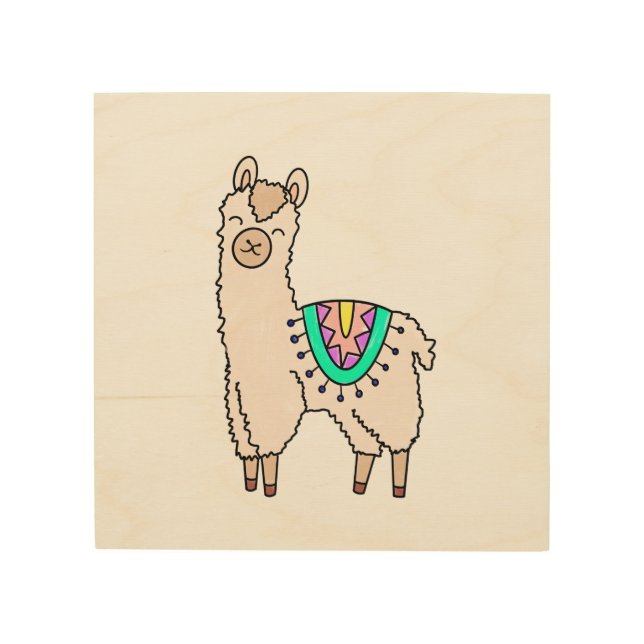 smiling happy llama alpaca cartoon animal drawing  wood wall art (Front)