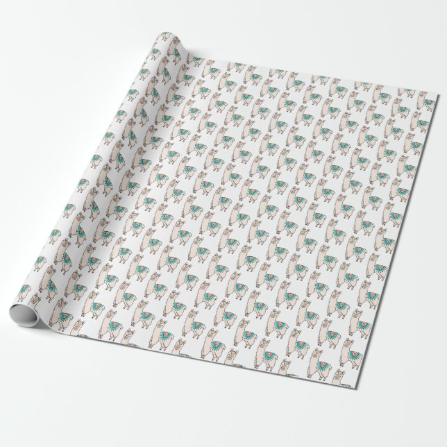 smiling happy llama alpaca cartoon animal drawing  wrapping paper (Unrolled)