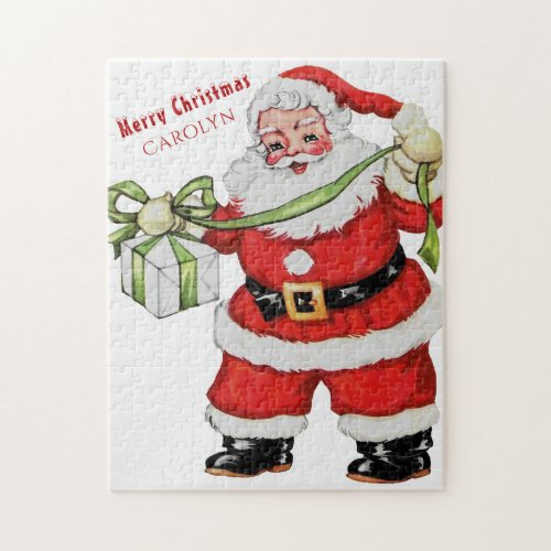 Smiling Happy Santa Claus Package Green Ribbon Jigsaw Puzzle
