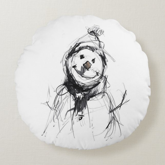 Smiling Happy Snowman Round Pillow (Front)