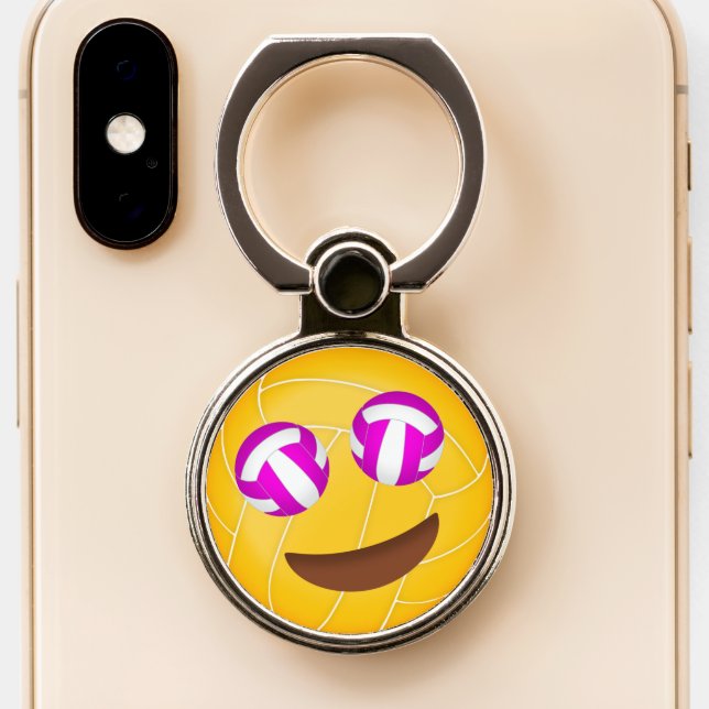 Smiling happy volleyball eyes emoji phone ring stand (Close Up)