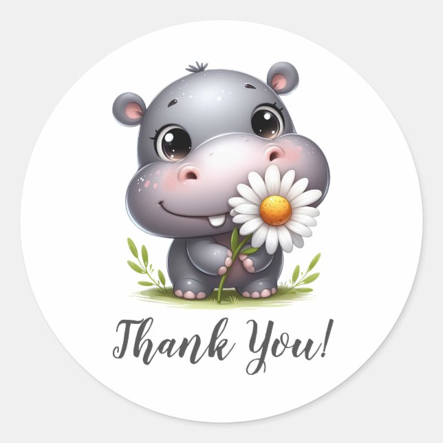 Smiling Hippo with Sunflower Thank You Classic Round Sticker (Front)