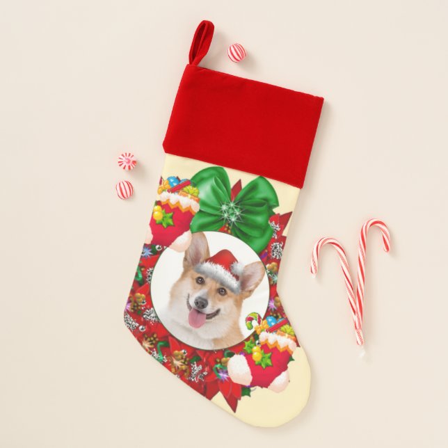 Smiling Holiday Corgi with Santa Hat Christmas Stocking (Front)
