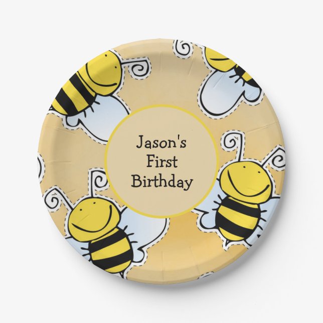 Smiling Honey Bees First Birthday Party Paper Plates (Front)