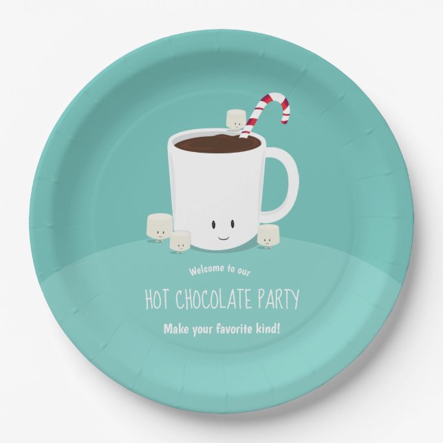 Smiling Hot Chocolate Teal Christmas Paper Plates (Front)