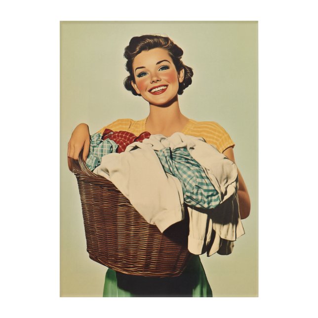 Smiling Housewife with Laundry Basket Acrylic Print (Front)