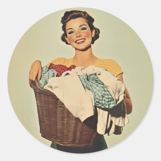 Smiling Housewife with Laundry Basket Classic Round Sticker (Front)