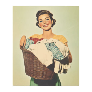 Smiling Housewife with Laundry Basket Metal Print