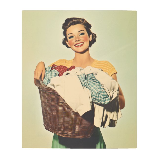 Smiling Housewife with Laundry Basket Metal Print (Front)