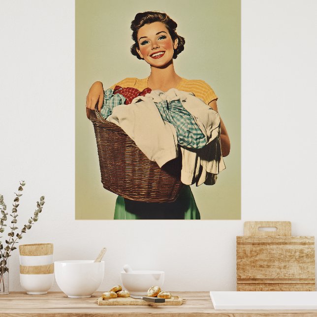 Smiling Housewife with Laundry Basket Poster (Kitchen)