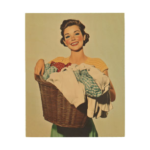 Smiling Housewife with Laundry Basket Wood Wall Art
