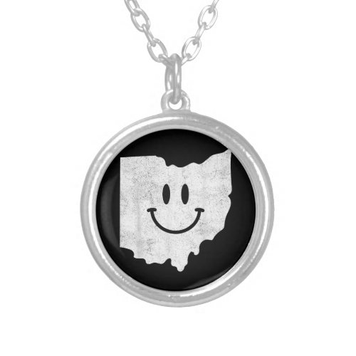 Smiling in OH  Funny Ohio Happy Face  Silver Plated Necklace