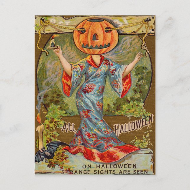Smiling Jack O' Lantern Pumpkin Bat Postcard (Front)