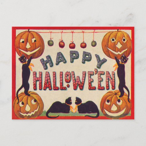 Smiling Jack O Lantern Pumpkin Black Cat Apples Postcard