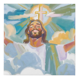 Smiling Jesus with a Shining Cross Overhead Faux Canvas Print