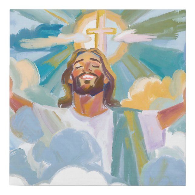 Smiling Jesus with a Shining Cross Overhead Faux Canvas Print (Front)