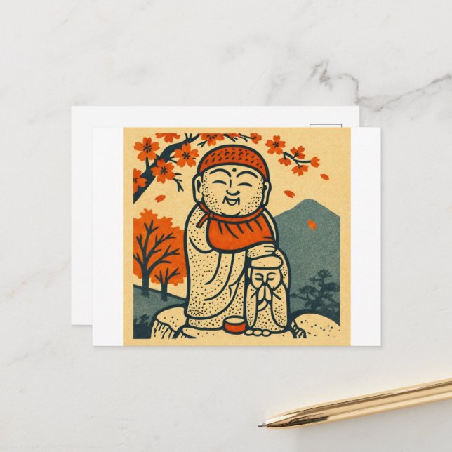 Smiling Jizo Guardian  – Japanese Folk Art  Postcard (Front/Back In Situ)