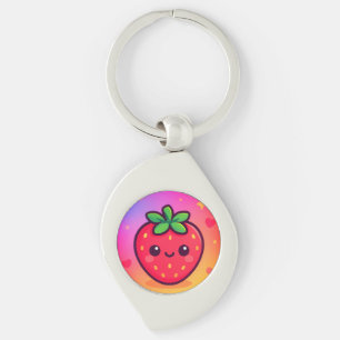 Smiling Kawaii Strawberry on Pastel Gradient Backg Keychain